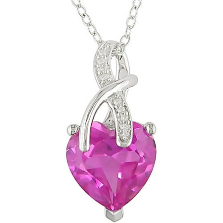 1/5 Carat T.G.W. Created Pink Sapphire and Diamond Accent Sterling Silver Pendant, 18"