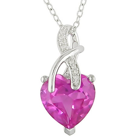 1/5 Carat T.G.W. Created Pink Sapphire and Diamond Accent Sterling Silver Pendant, 18