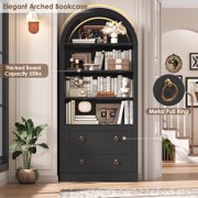 Hiphuta 70Tall Arched Bookcase, 4-Tier Bookshelves with 2 Large Drawers, Wooden Display Shelf with Storage for Living Room Home Office, Black