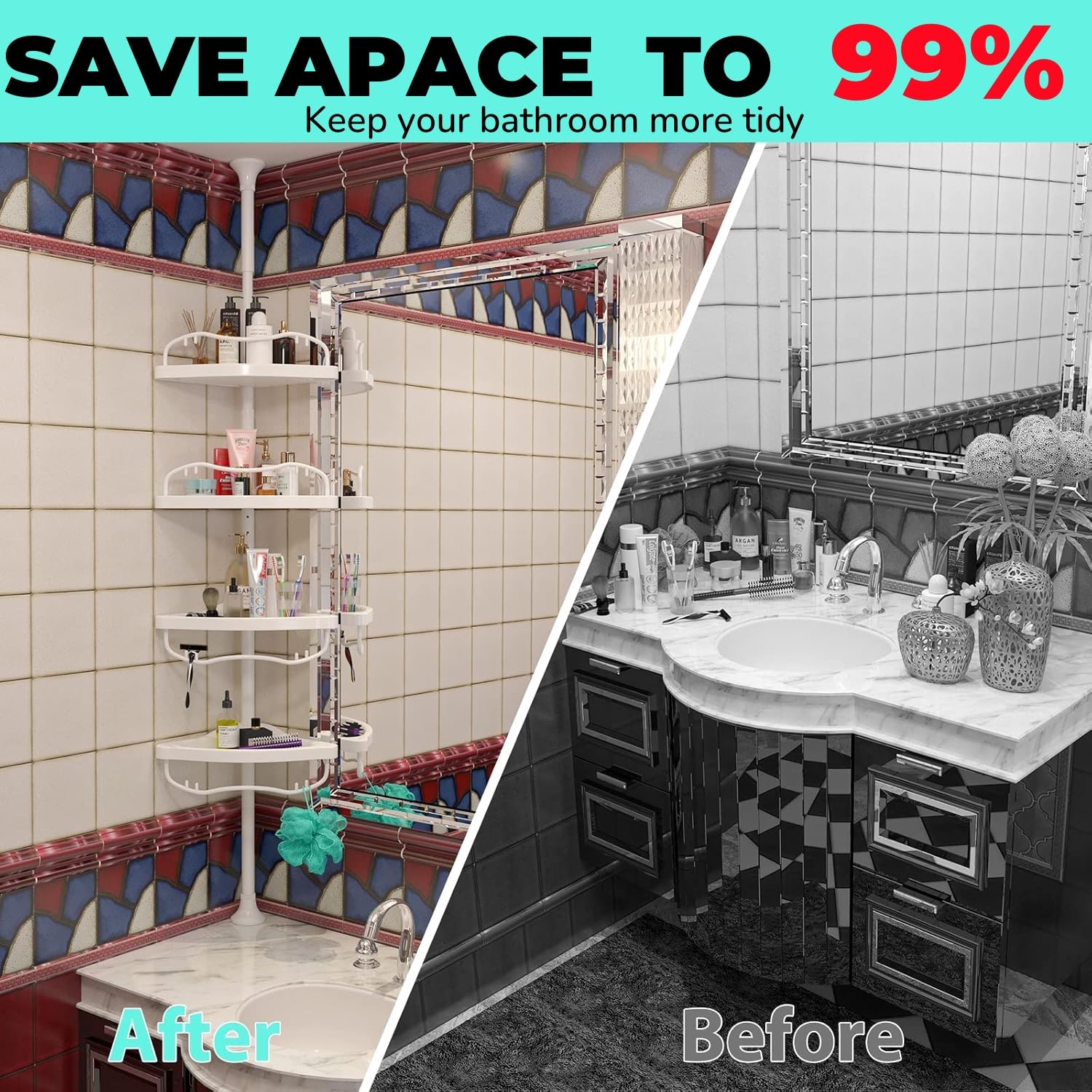 Shower Caddy Corner, Rustproof ABS Shower Organizer Corner with 32-125 inch Steel Poles, No Drill Shower Shelf, Corner Shower Caddy Tension 4 Shelves, White