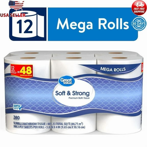 Soft Strong 2-Ply Toilet Paper Mega Roll 12 Count Septic Safe Absorbent Domestic