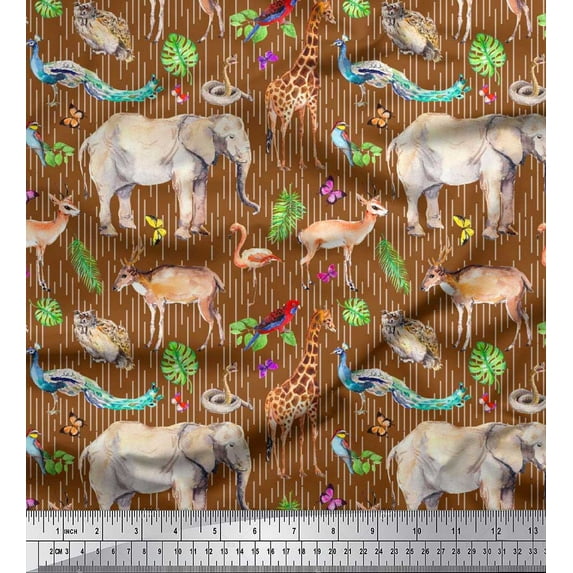 Soimoi Crepe Silk Fabric Tropical Leaves,Birds & Animals Jungle Printed Craft Fabric by The Yard 42 Inch Wide