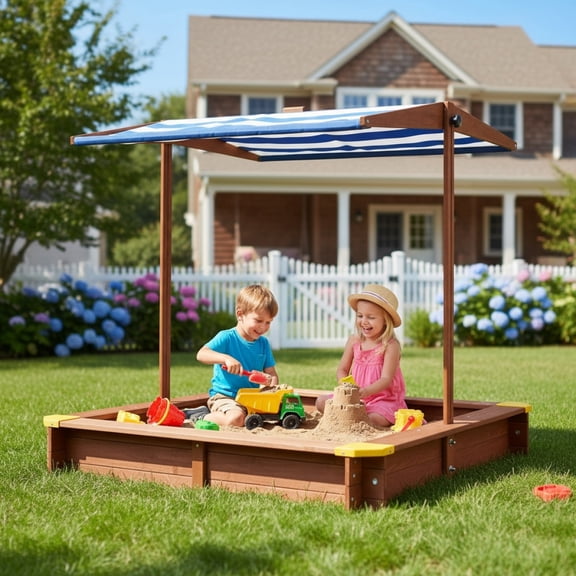 46" Wooden Kids Sandbox with Cover & Adjustable Canopy  Large Cedar Sandpit for Backyard Play