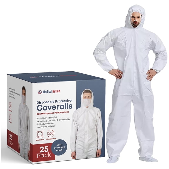 Medical Nation Disposable Hazmat Suit with Hood, Large, Heavy-Duty, Breathable & Water-Resistant Coverall, White, 25-Pack