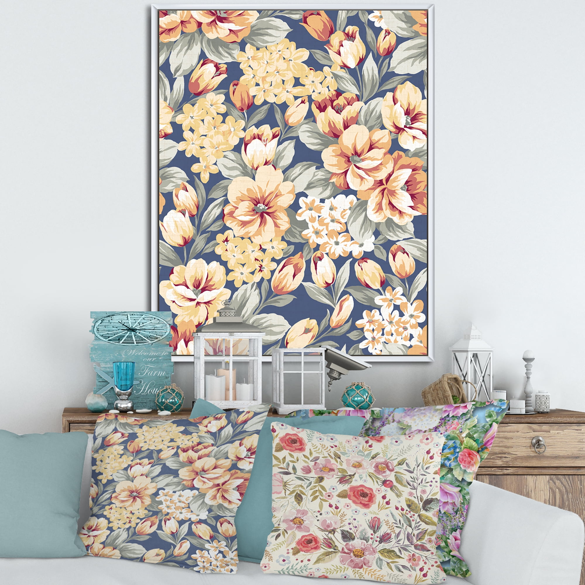 Designart 'Vintage Orange and Yellow Flowers' Traditional Framed Canvas Wall Art Print