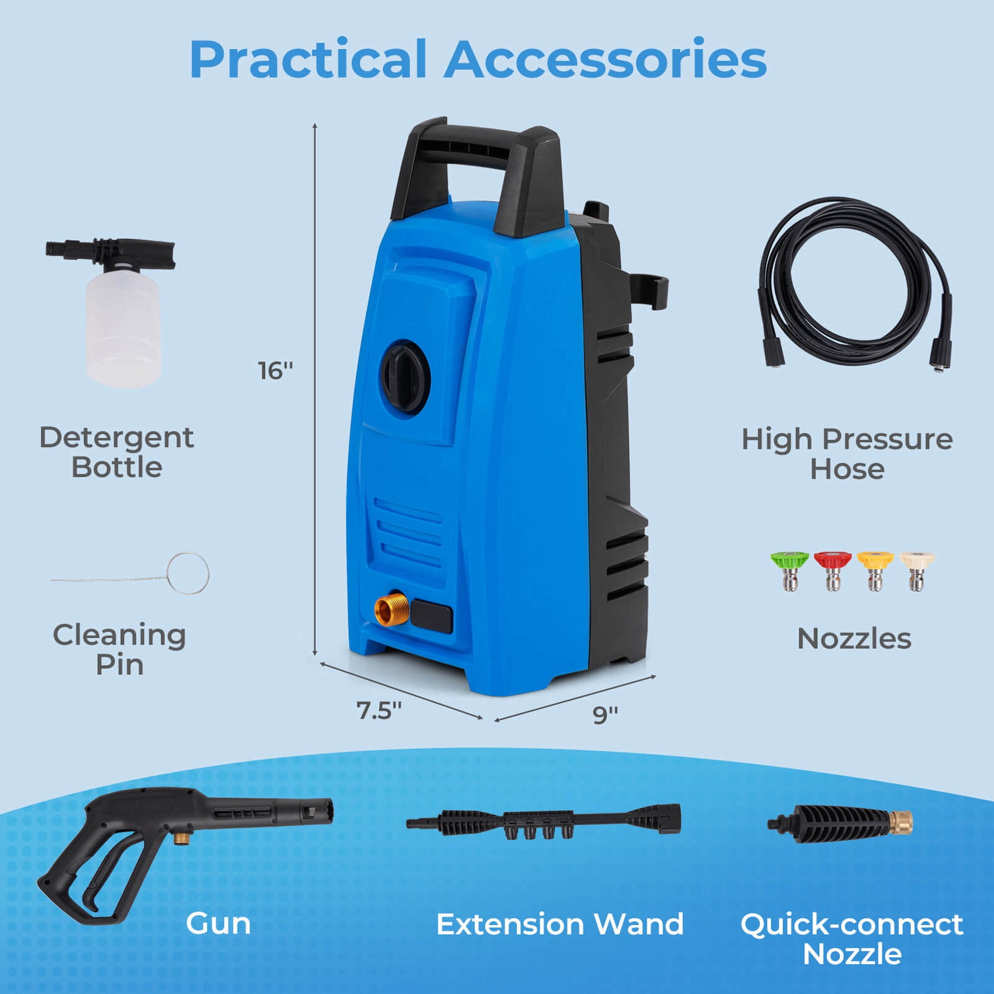 Ironmax Electric Pressure Washer with Wheels 5 Quick Connect Nozzles Soap Bottle spray gun