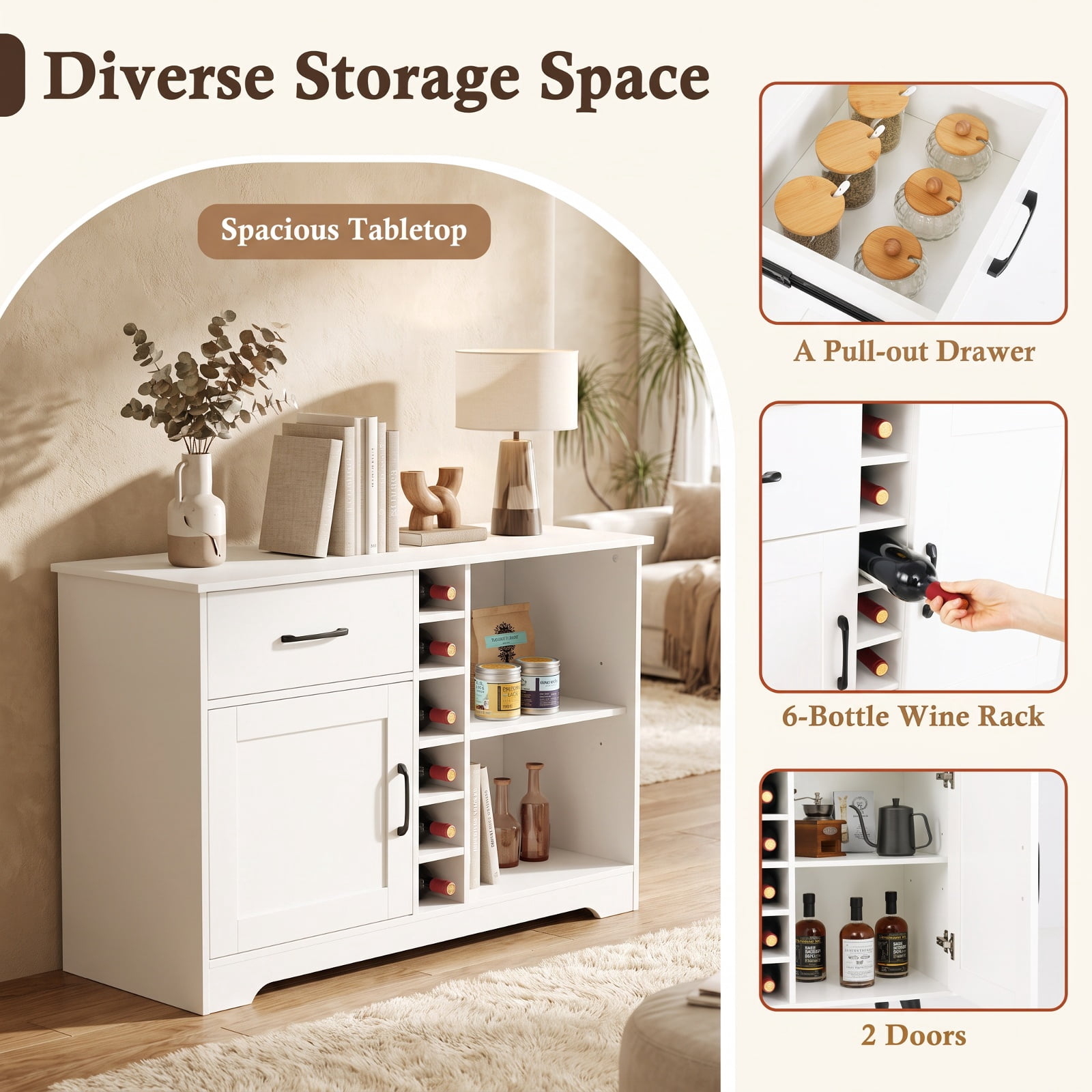 Furnibear Modern Wine Bar Buffet Cabinet with 6-Bottle Wine Rack for Kitchen Dining Living Room Buffet Storage Server, White