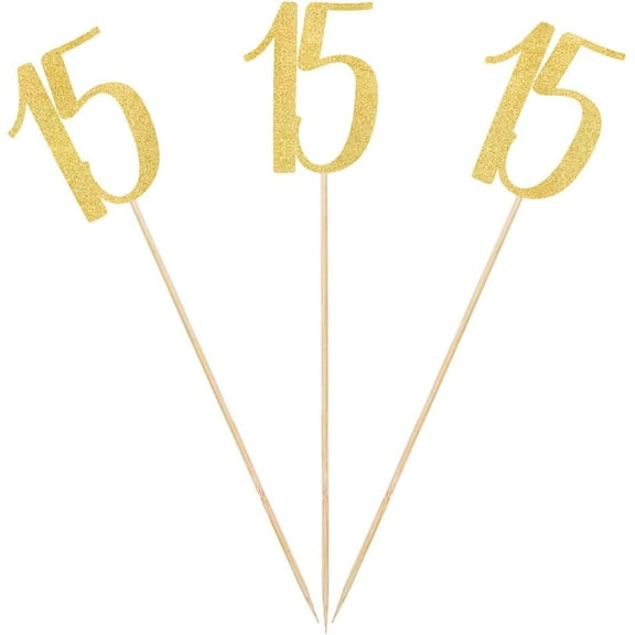 Gold Glitter 15th Birthday Centerpiece Sticks, 12-Pack Number 15 Table Topper Anniversary Party Decorations