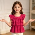 thumbnail image 4 of LEKWK Girls Gingham Top Toddler Tiered Ruffle Cap Sleeve Cute Tank Tops Square Neck Tie Back Babydoll Shirts Kids Summer Back to School Outfits Size 3-10Y, 4 of 7