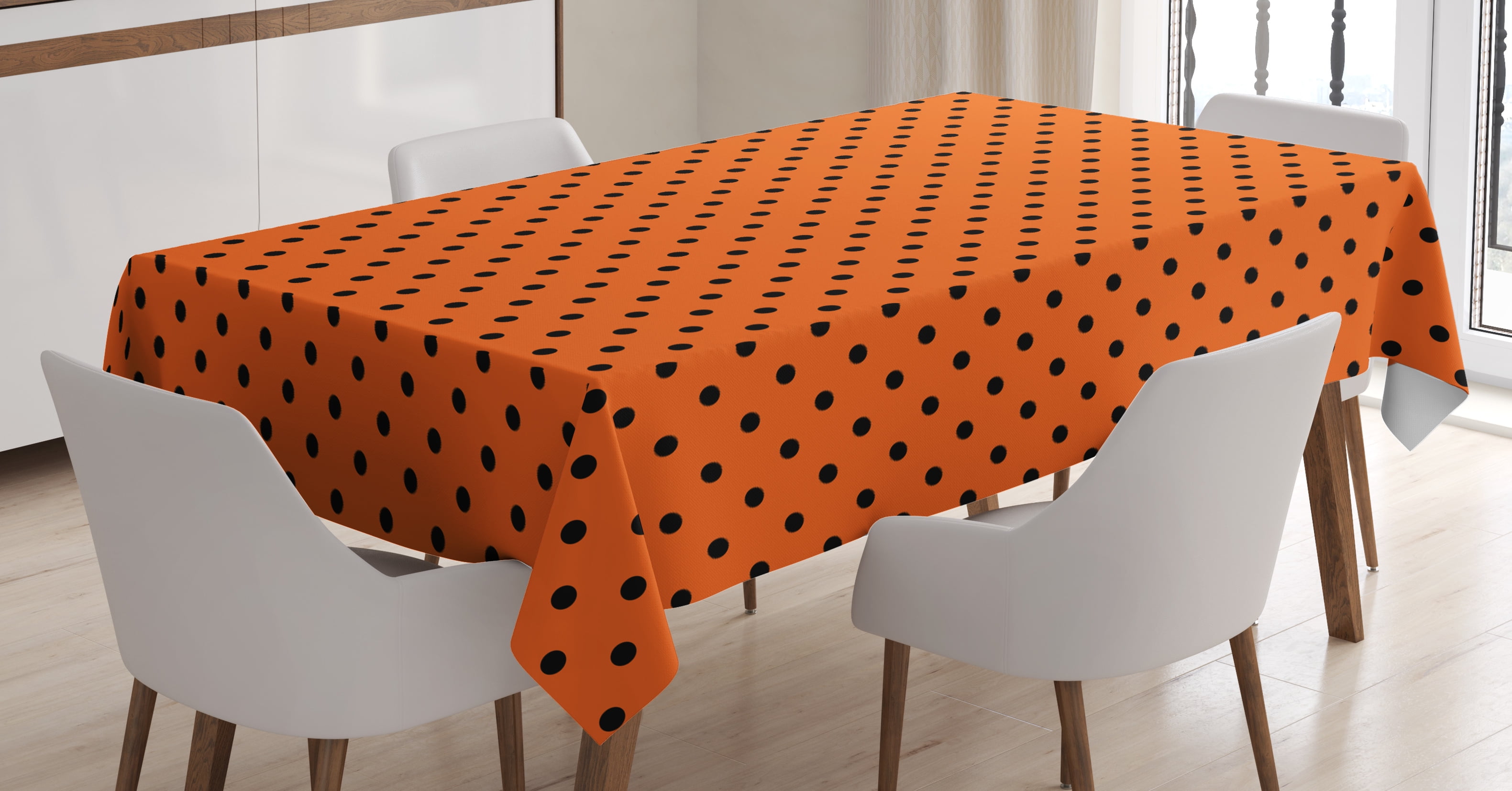 Orange Tablecloth, Vintage Retro Design Little Black Polka Dots with