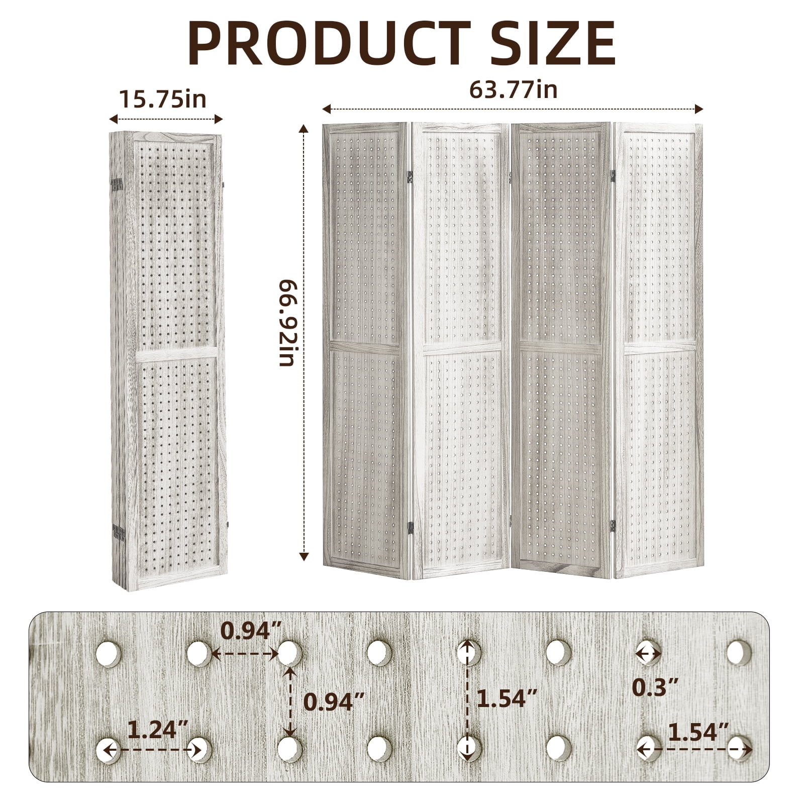 Aletheiawu 4 Panel Display with 16 Hooks, Wood Room Divider Wall, No Installation, Light Brown