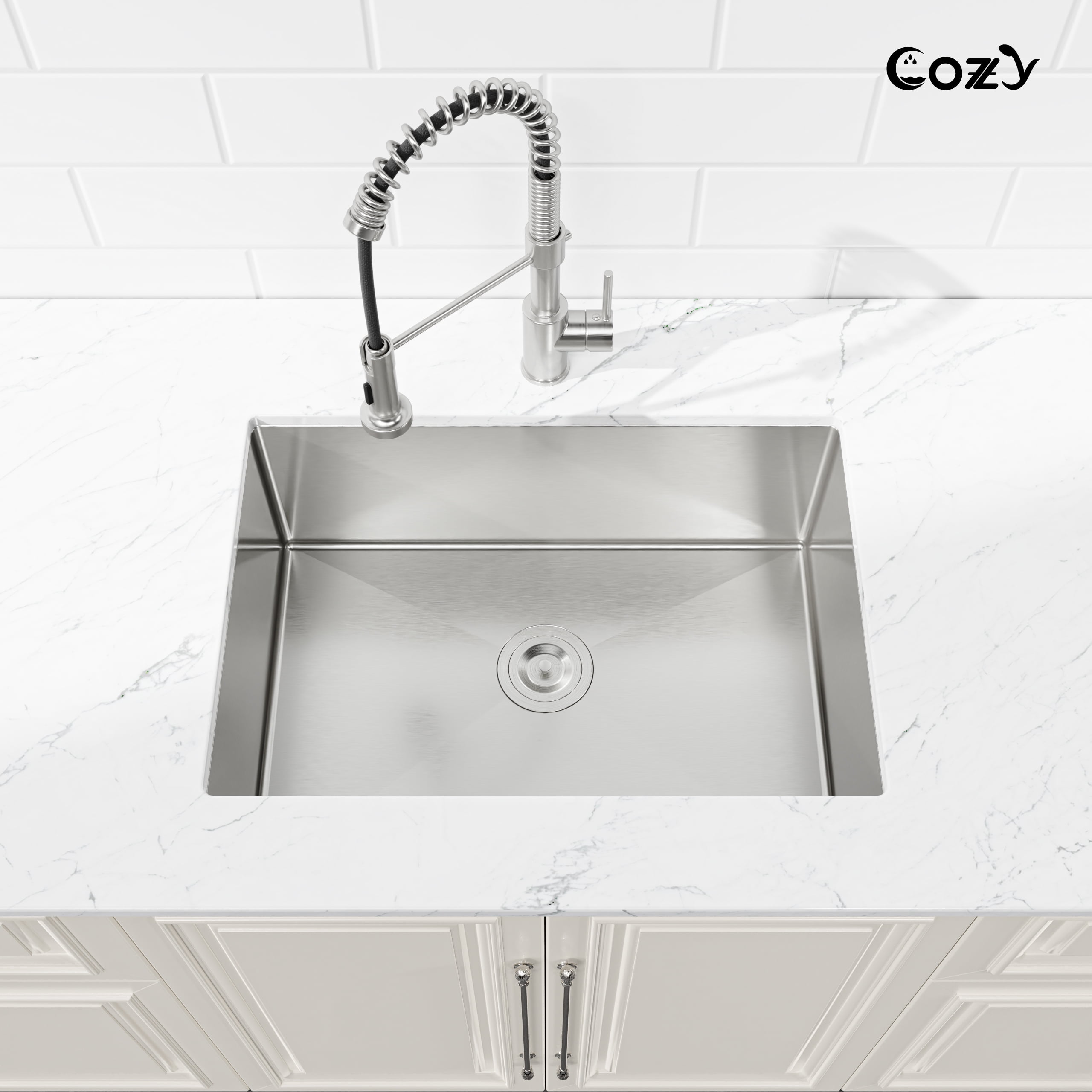 27″x19″ Stainless Steel Kitchen Sink, Single Bowl, Undermount Handmade Sink in Brushed Nickel, with US Standard Drain and Hook, SS-BR04D-271908