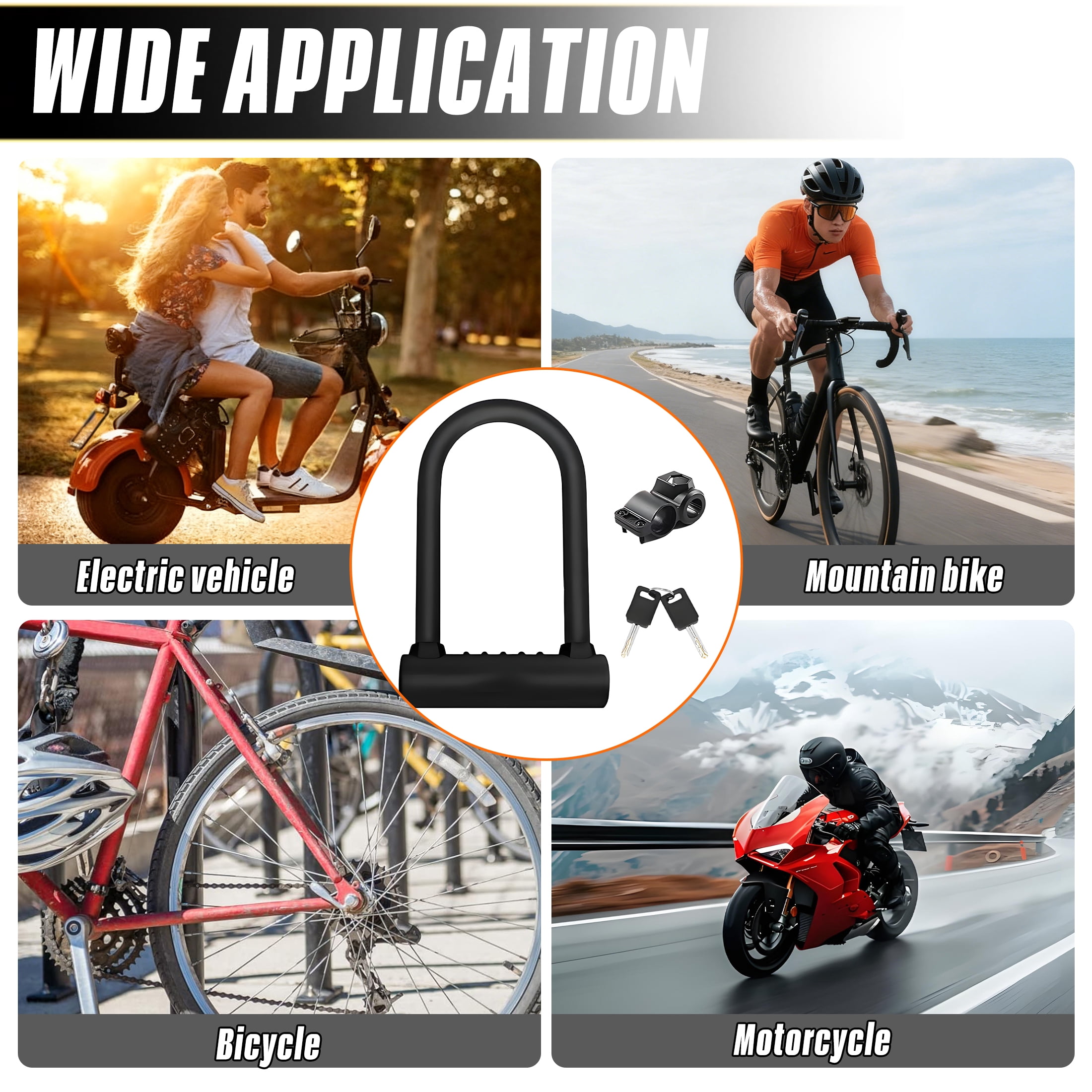 ZHZFKQ Bike Lock，Scooter Lock with Mounting Bracket and Two Keys，Security Anti Theft U Lock