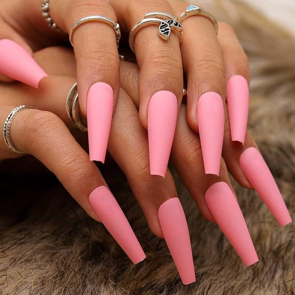 Super Long Matte Press-On Set for Women & Girls, 24PCS Hot Pink Coffin-Ballerina False Nails