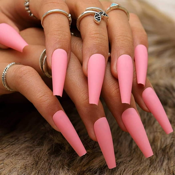 Apuakthei - Uñas postizas acrílicas superlargas con acabado mate, diseño de bailarina, para mujeres y niñas, 24 unidades (rosa fuerte)