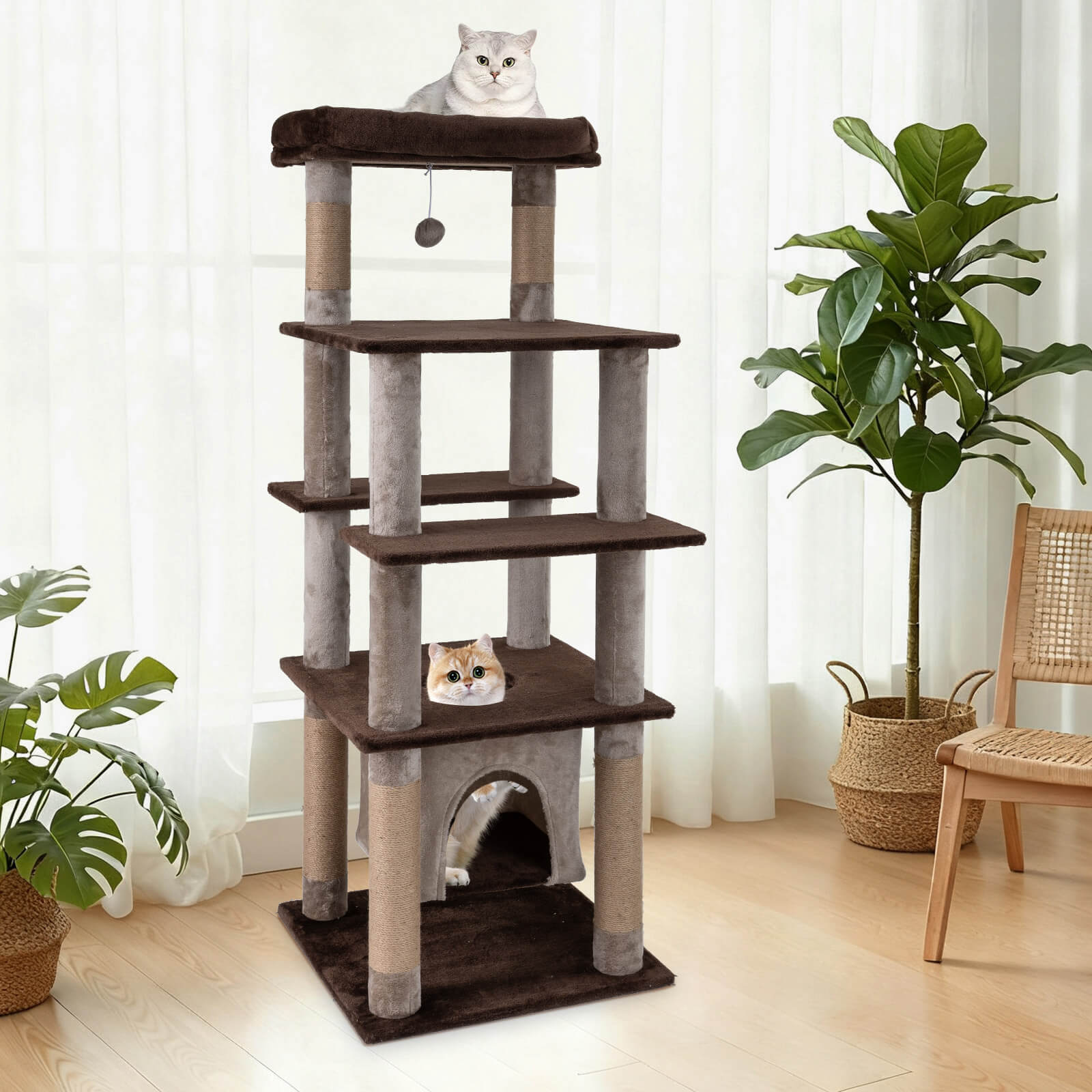 Costway Large Multi-level Cat Tree 58" Tall Cat Tower with Swaying Aerial Condo Perch Bed Brown