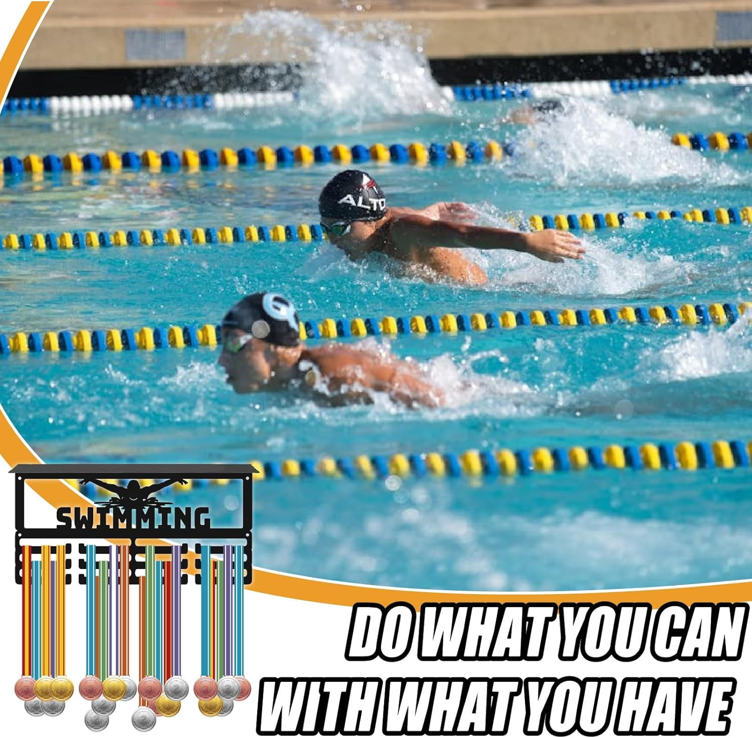 Swimming Trophy Shelf Sports Awards Holder 3 Row Hold 60+ Medals Rectangle Wall Mount Iron Rack Frame Metal Black Athletes Display Hanger DIY