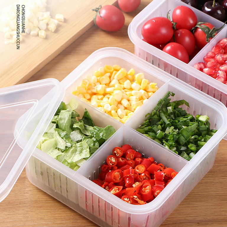 Leaveforme Food Container 4 Compartments Water Draining Plastic Rectangular Stackable Fruit Vegetables Storage Box Kitchen Accessories, Blue