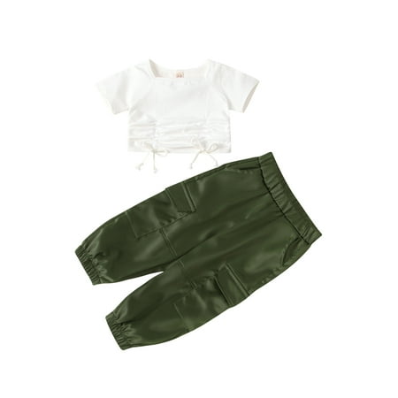 

jaweiw 2Pcs Toddlers Summer Tracksuits Solid Color Square Neck Short Sleeves Crop Tops + Cargo Pants Suit for Girls 1 2 3 4 5 Years