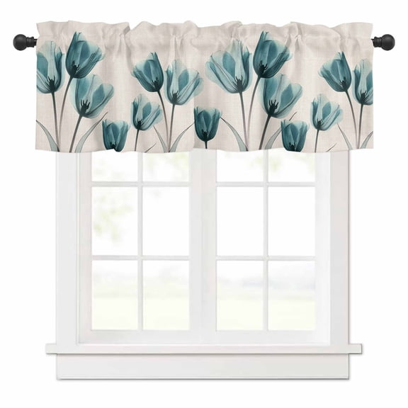 Teal Tulip Valances for Windows Minimalist Modern Flower Art Linen Background Rod Pocket Curtain Valance Window Treatment Short Curtains for Kitchen Living Room, 54"x18"