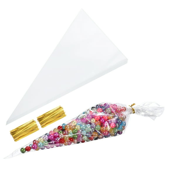 Uxcell 200Pcs 7" Length Treat Bags with Golden Twist Ties Transparent