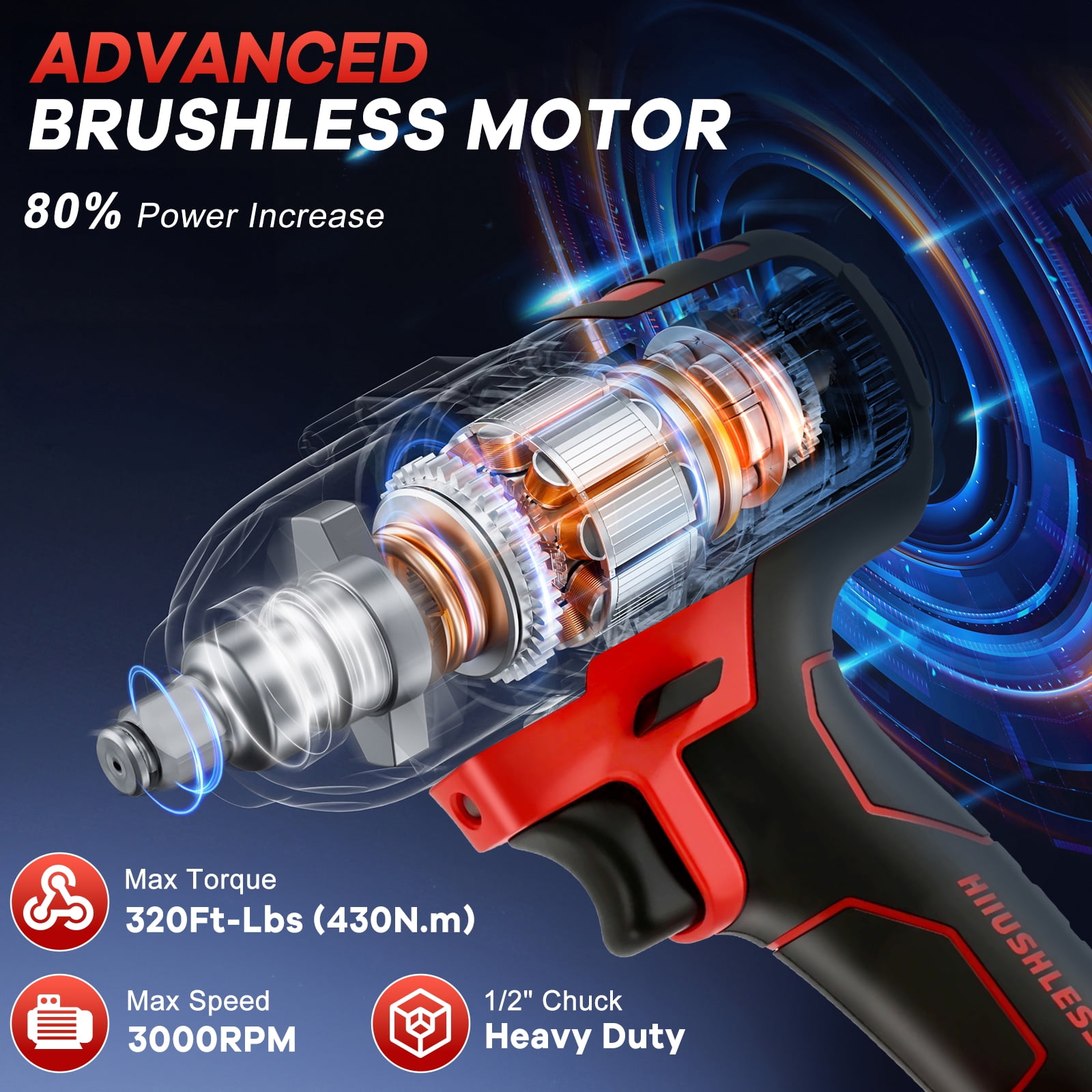 Cordless Impact Wrench, UNTIMATY 1/2 inch Brushless Impact Gun, Max Torque 320 Ft-lbs（430N.m） Impact Wrench with 21V Brushless Motor, with 3.0Ah Li-ion Battery & 7 Sockets,Red