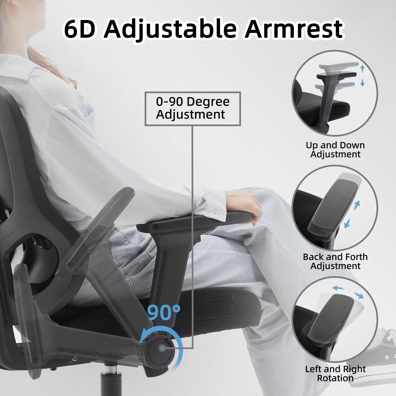 Frelaxbone Adult Mesh High Back Indoor Residential Adjustable Armrest Office Chairs, Caster, Black