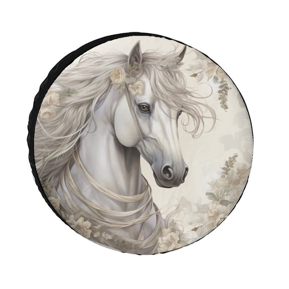 Elegant White Horse Camper Spare Tire Cover Horses Flower Weatherproof Wheel Protectors for Trailer SUV Truck Camper Travel Trailer Accessories 12inch