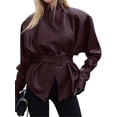 thumbnail image 2 of Women'S Faux Leather Jacket with Stand-Up Collar and Belted Waist Wine Red S, 2 of 10