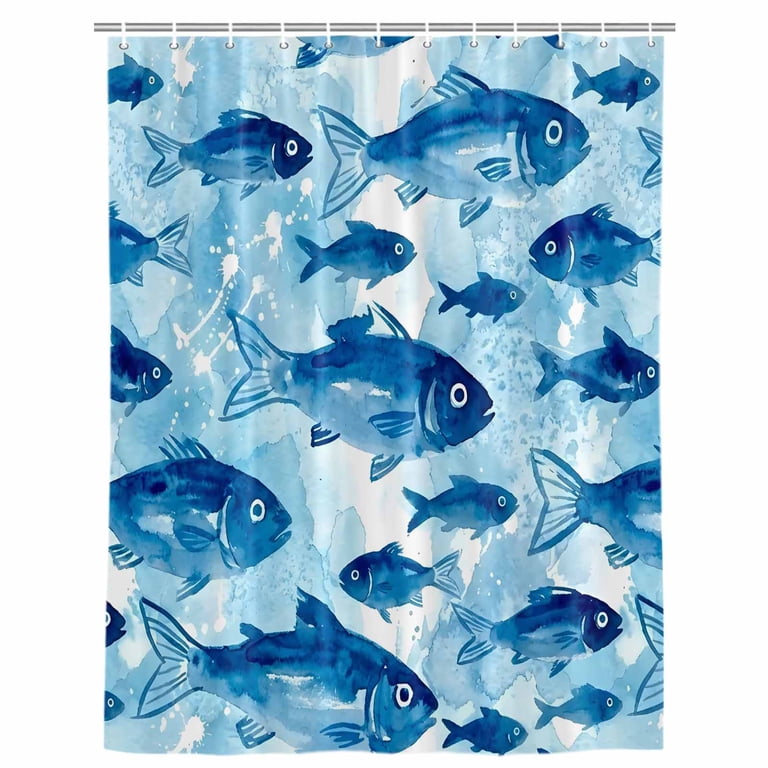 blue fish shower curtain hooks Blue Fish Bathroom Shower Curtains with 12 Hooks Waterproof Shower Curtain  for Stalls and Bathtubs Summer Ocean Waves Vintage Gradient Coastal