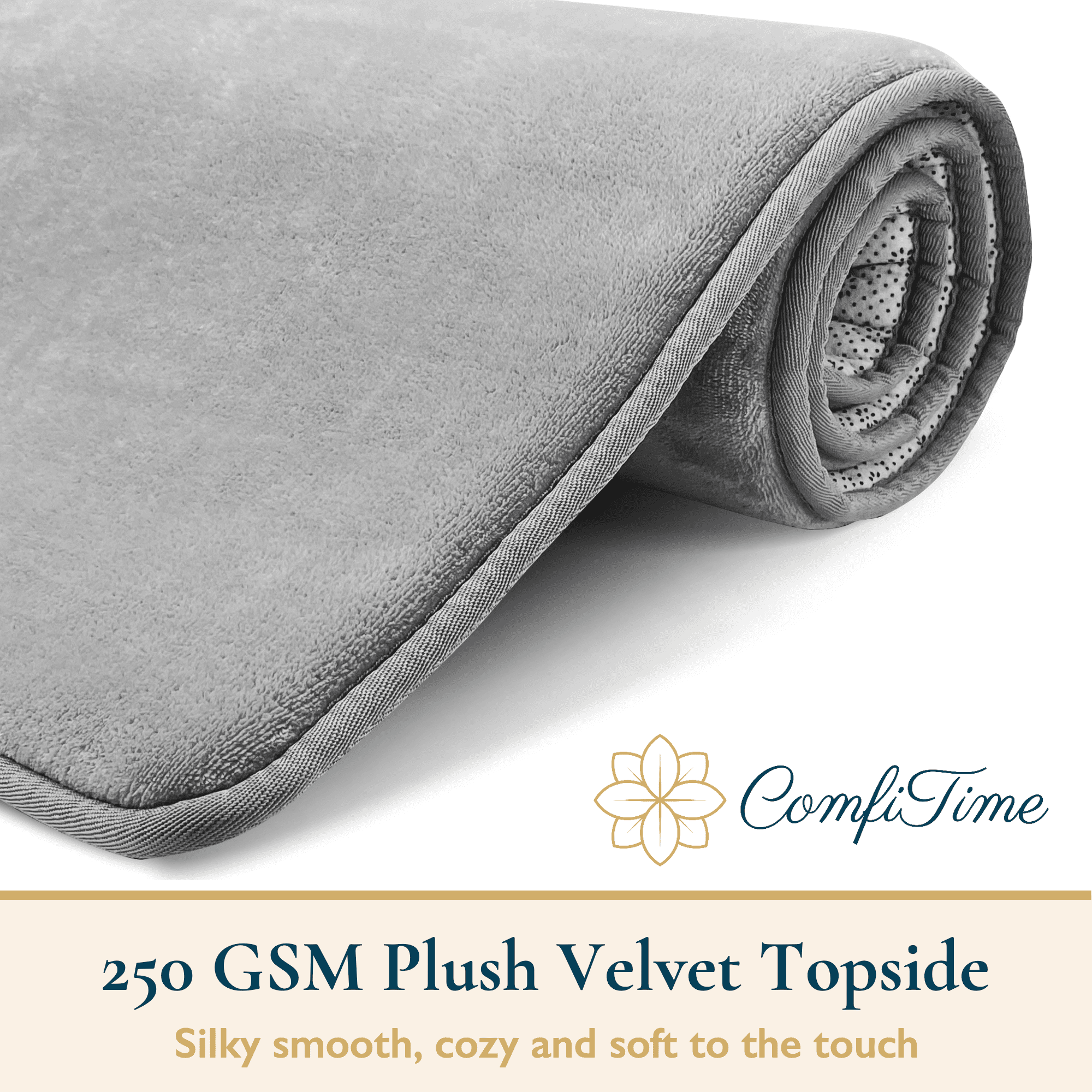 ComfiTime Bathroom Rugs – 1 inch Thick Memory Foam, 17" x 24" Bath Mat, Soft Plush Velvet Top, Non-Slip, Ultra Absorbent, Large & Long Rugs for Bathroom Floor, Avail. in Black, Gray, Beige, Navy Blue