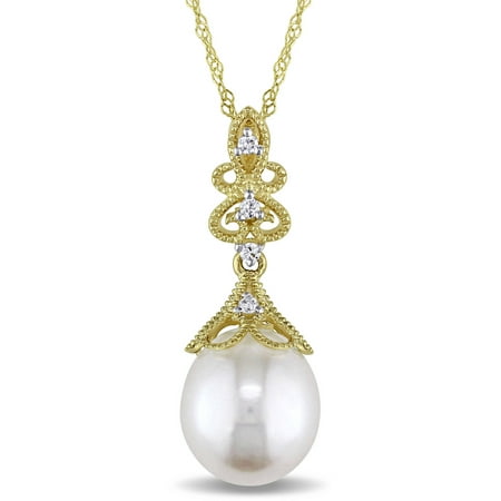 Miabella 9-9.5mm White Cultured Freshwater Pearl and Diamond-Accent 14kt Yellow Gold Vintage Drop Pendant, 17