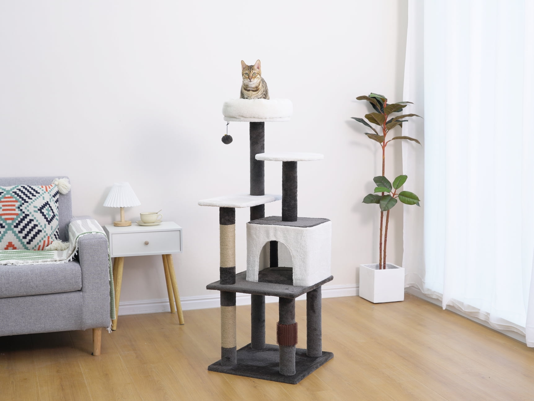Vibrant Life 5-Level 49" Minimalist Cat Tree with Condo Perch Scratching Post, Brown and Beige
