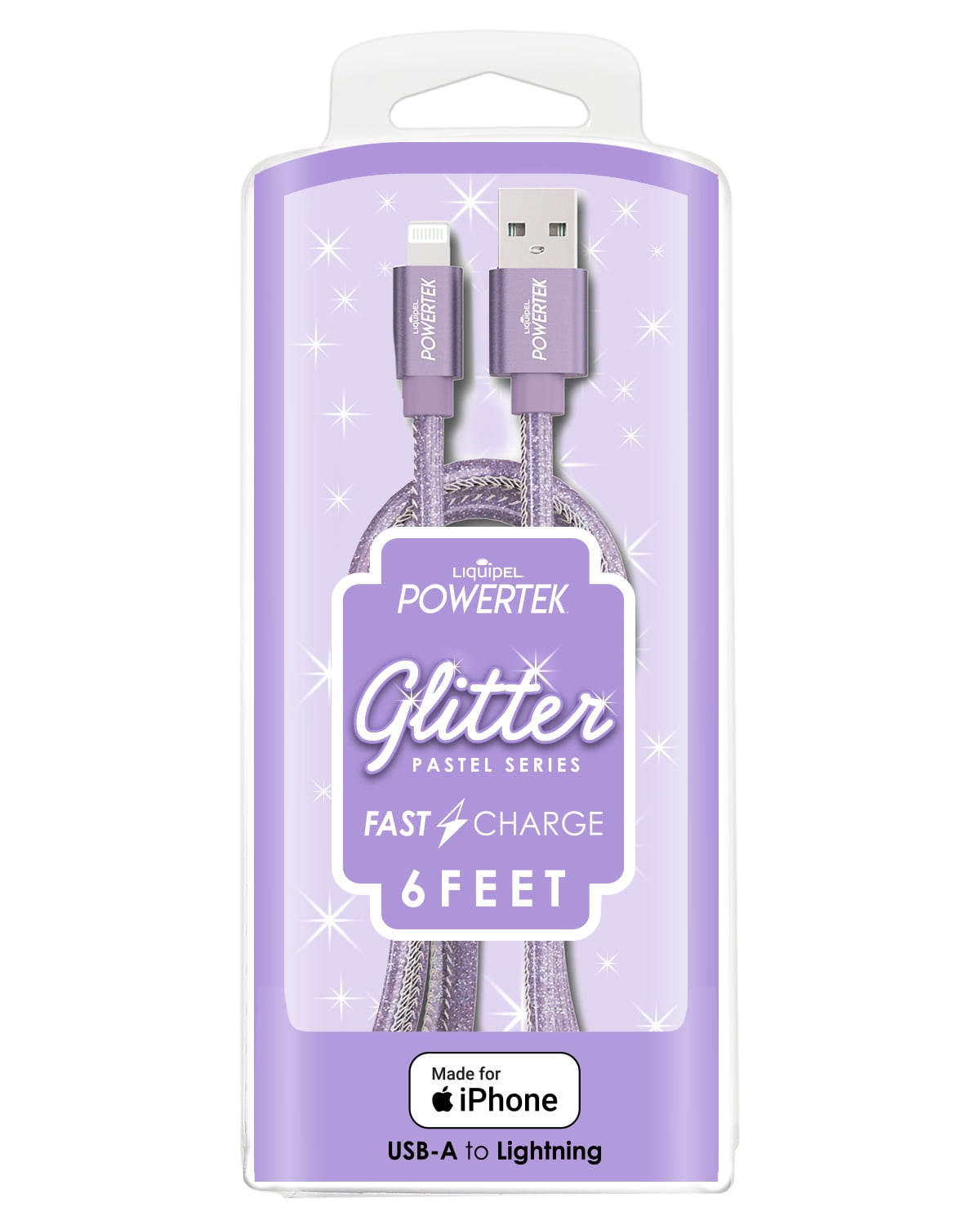 Liquipel Powertek iPad & iPhone Charger Cable, Fast Charging 6ft MFI Certified Lightning to USB Cord, Pastel Glitter Purple