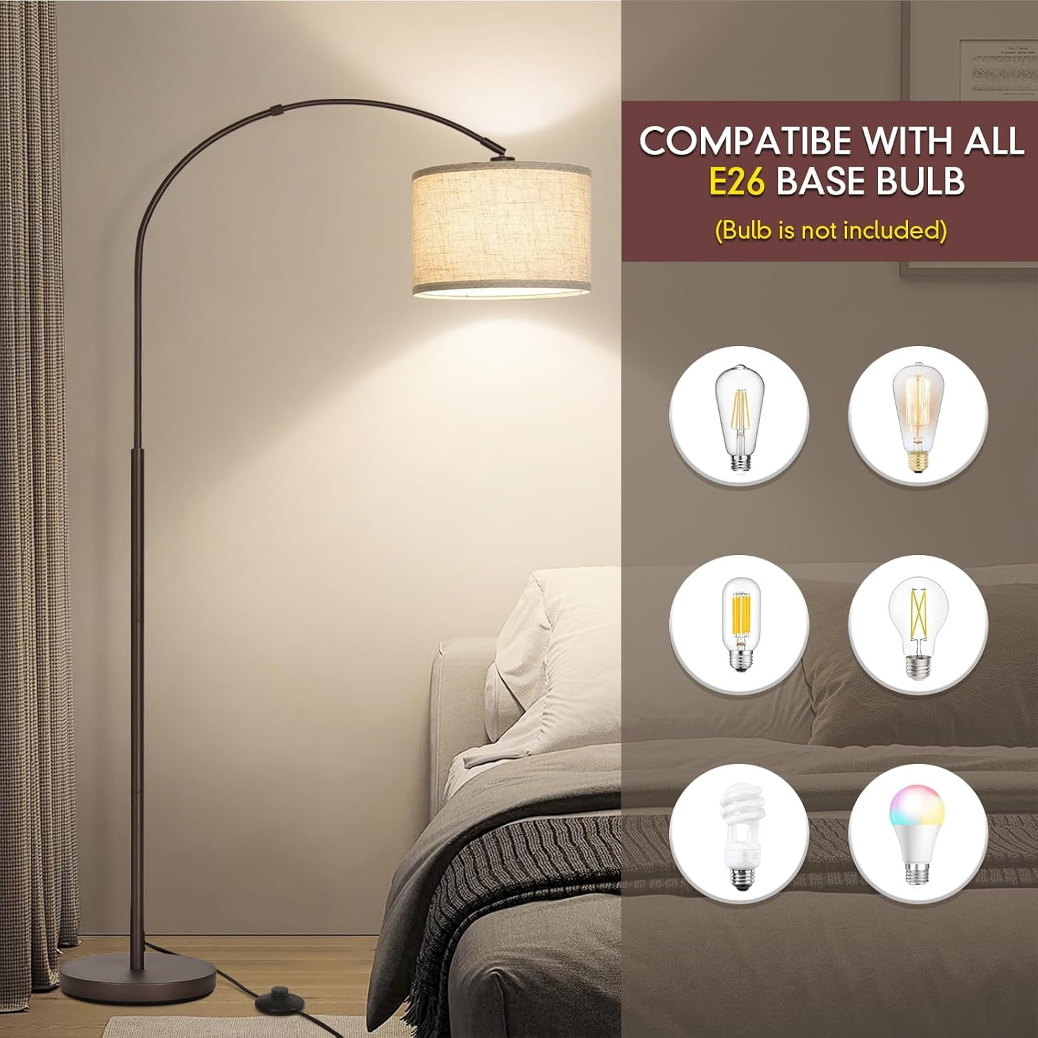 Floor Lamp for Living Room, Lamp with Adjustable Head, Modern Tall Lamp with On/Off Pedal Switch, Over Couch Standing Hanging Light for Reading, Bedroom, Office (Brown)