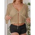 thumbnail image 4 of Womens Hollowout Crop Summer Solid Color Long Sleeves Lace Up Beach Casual Cover Up Shawl Blouse Top Khaki One Size, 4 of 6