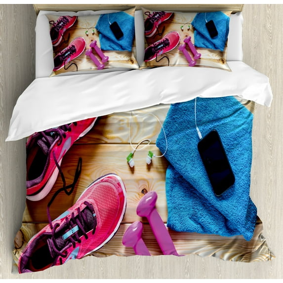 Fitness Duvet Cover Set Queen Size, Gymnasium Theme Women's Running Shoes and Dumbbells Equipment for Training Image, Decorative 3 Piece Bedding Set with 2 Pillow Shams, Multicolor, by Ambesonne