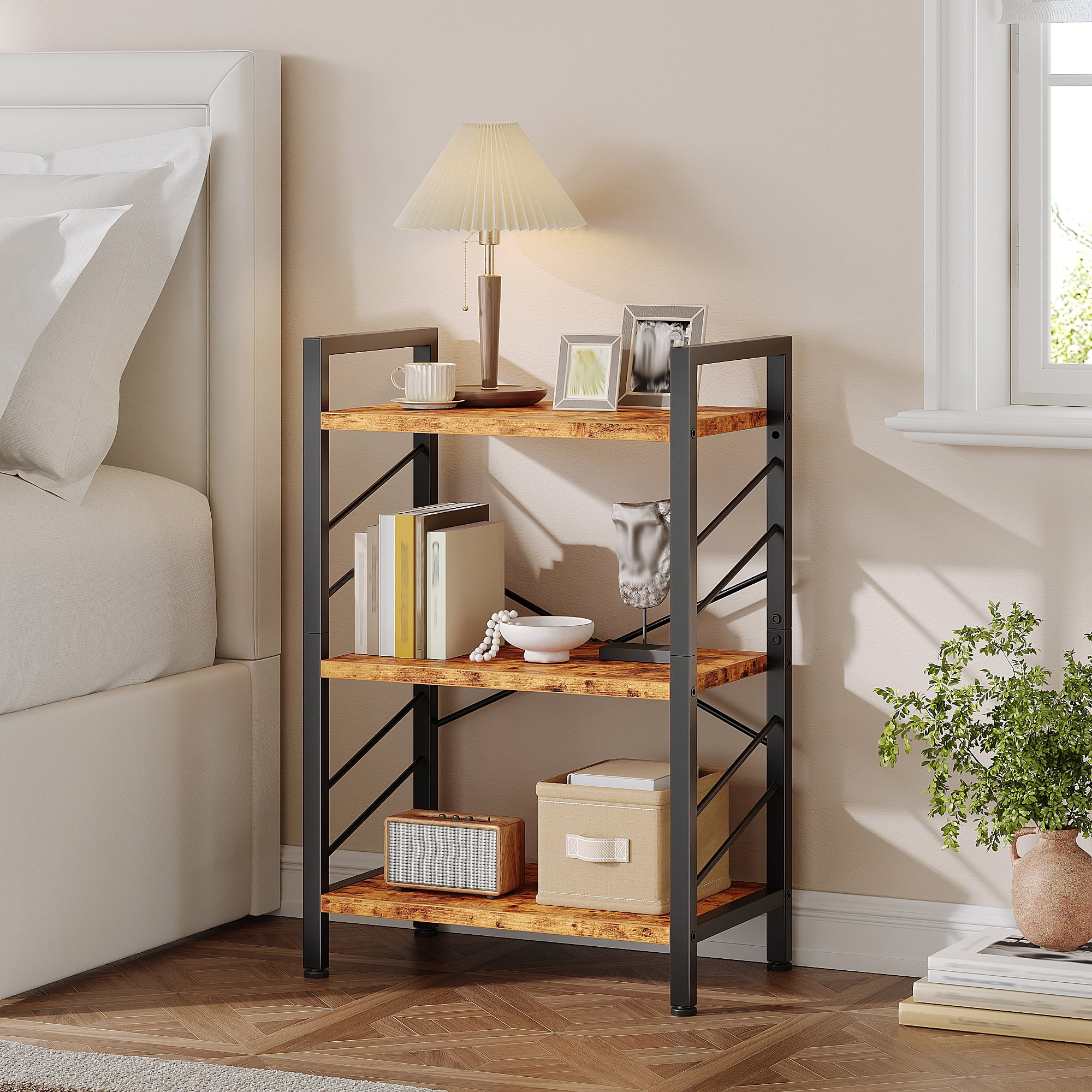 EnHomee 3-Tier Industrial Bookcase with Metal Frame & Side Support, Rustic Brown Compact Bookshelf for Bedroom, Home Office, Living Room Storage