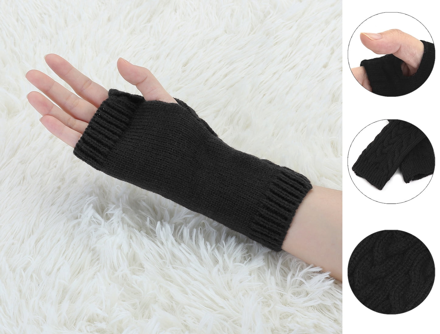 Unique Bargains One Pair Knitted Ribbed Thumb Hole Design Warm Gloves for Unisex