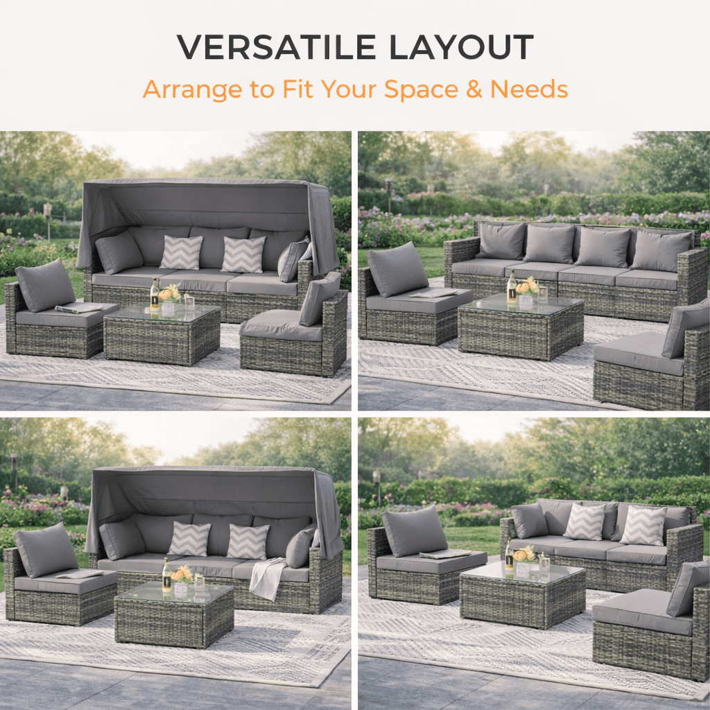 Seizeen 5-Piece Outdoor Daybed, Rattan Sectional Sofa Set with Retractable Canopy, Patio Sectional Bed with Side Table, Outdoor Sunbed for Backyard Porch Pool with Cushions, Adjustable Daybed