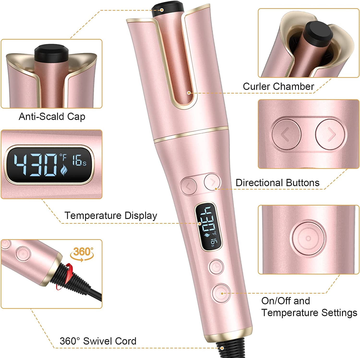 Automatic Hair Curler with 4 Temperature & 3 Timer Settings, Auto-Rotating Ceramic Curling Iron with Anti-Tangle & Anti-Scald Design