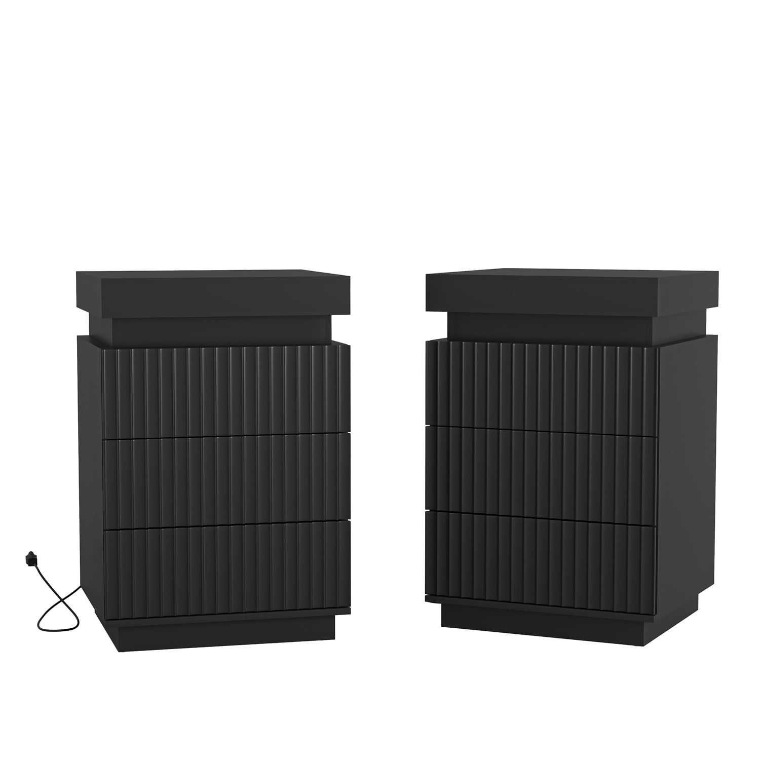 Hommoo Nightstand End Table Set of 2 with Fast USB Charging Station, Modern Wood Storage Sofa Side Table with 2 Drawers and LED lights, for Living Room,Bedroom,Office, Black