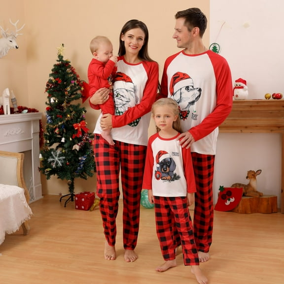 URMAGIC Matching Family Christmas Pajamas Sets Adults and Kids Holiday Xmas Pjs Set Cartoon Long Sleeve Tee with Plaid Pants Loungewear Sleepwear