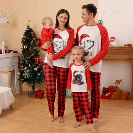 

URMAGIC Matching Family Christmas Pajamas Sets Adults and Kids Holiday Xmas Pjs Set Cartoon Long Sleeve Tee with Plaid Pants Loungewear Sleepwear