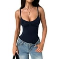 thumbnail image 2 of Womens U Neck Adjustable Spaghetti Strap Tight Tank Tops Casual Workout Basic Camisole Tops Navy Blue S, 2 of 7