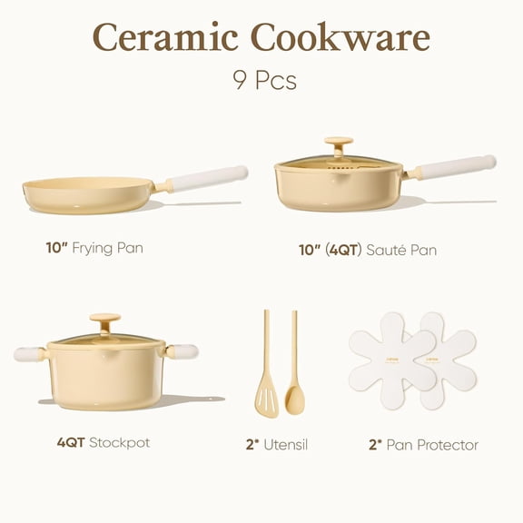 9-Piece Ceramic Nonstick Cookware Set Yellow Induction Safe Kitchen Pots and Pans with Steamer