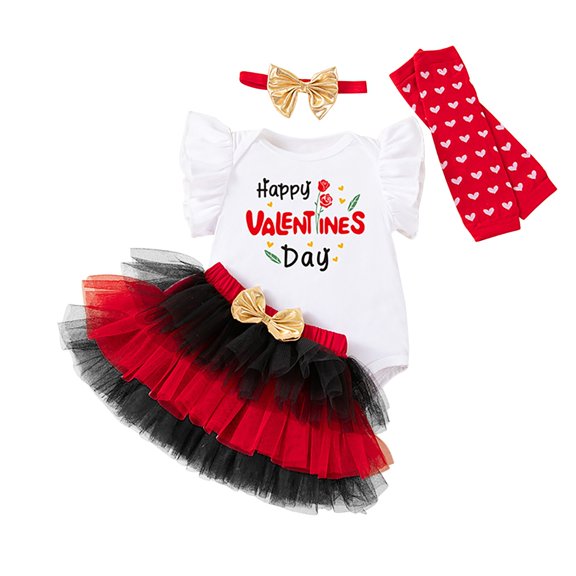 EnJoCho Baby Girl Valentines Day Outfit 3Pcs Set Letter Print 𝖱omper Bodysuit Tutu Skirt Headband Clothing Party Festival Holiday Photo Gift Set Toddler Baby Dress