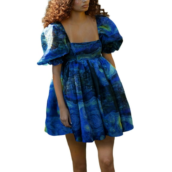 Women Juniors Temperament Square Collar Dress Vintage Floral Printing/Tie-dye Puff Short Sleeve Backless Short Princess Bubble Skirt for Teen Girls