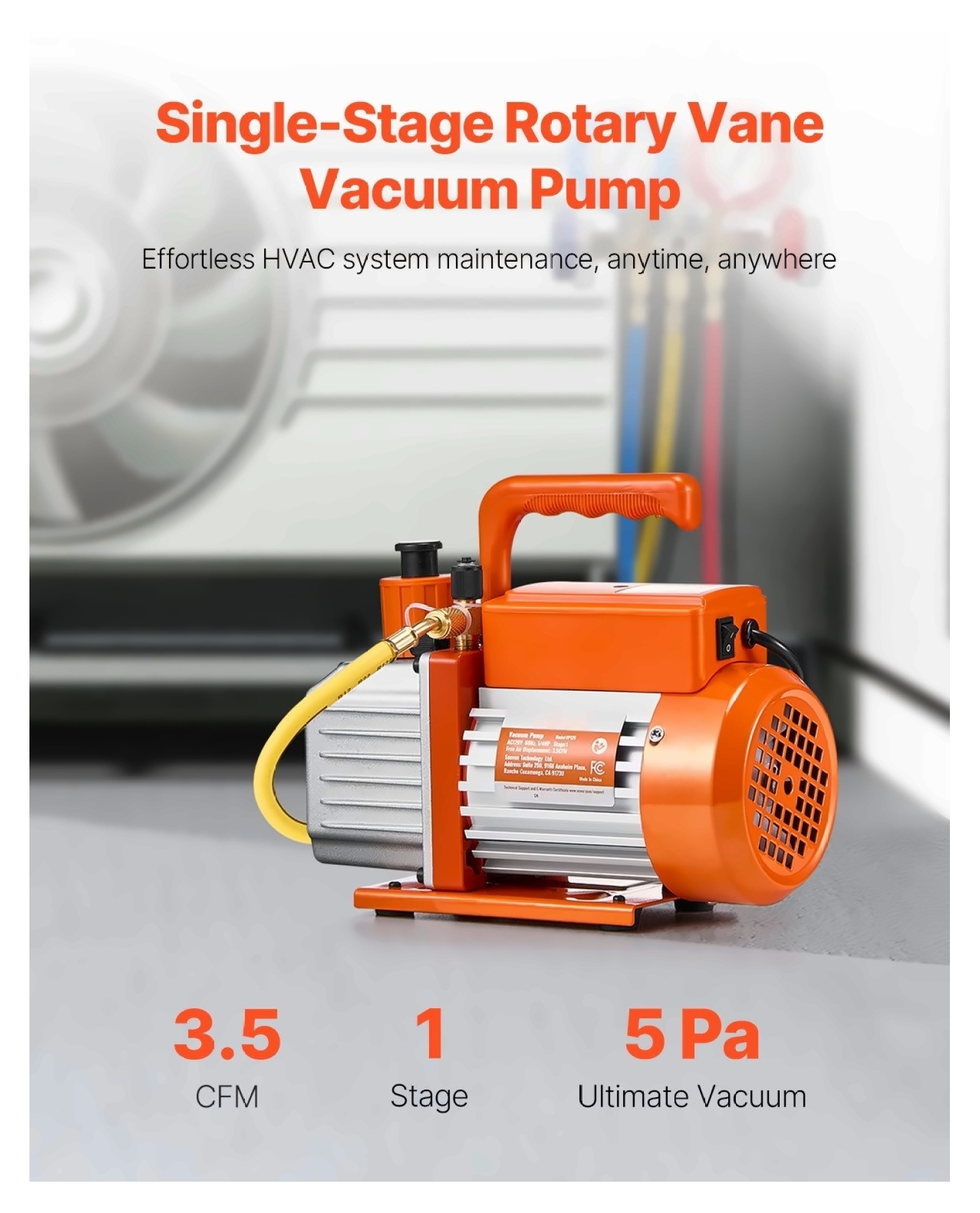 HVAC Vacuum Pump 3.5 CFM - Single Stage Rotary Vane - Oil Included - Automotive AC Repair Kit - R22 R134a R410a