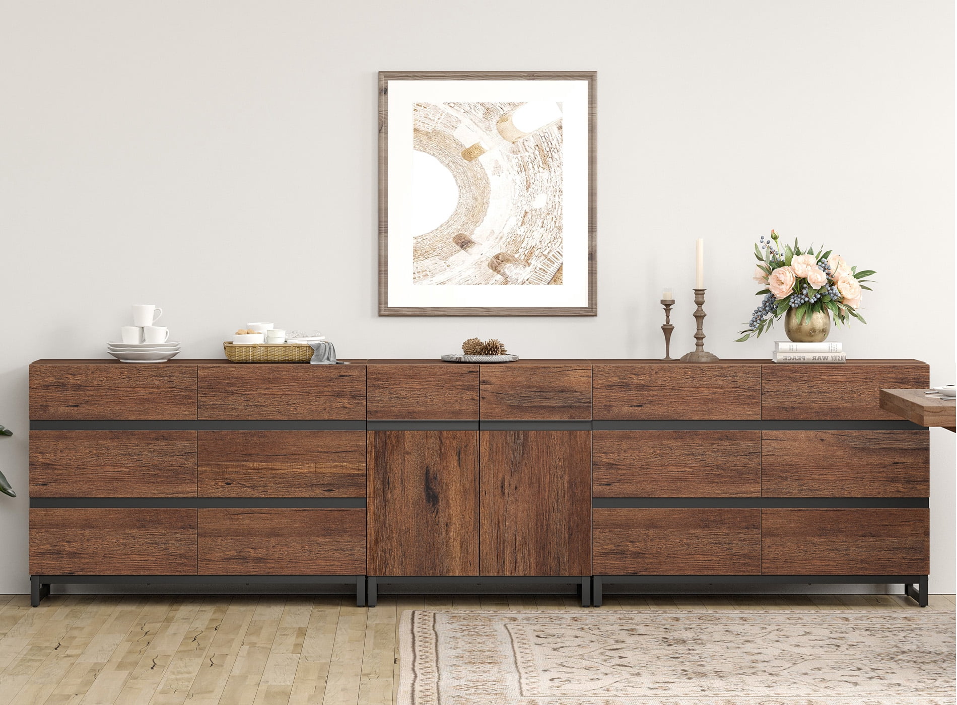 3 In 1 Modern Sideboard With 12 Drawers,Storage Cabinet With Adjustable Shelves, Coffee Bar Cabinet For Living Room, Kitchen,Brown